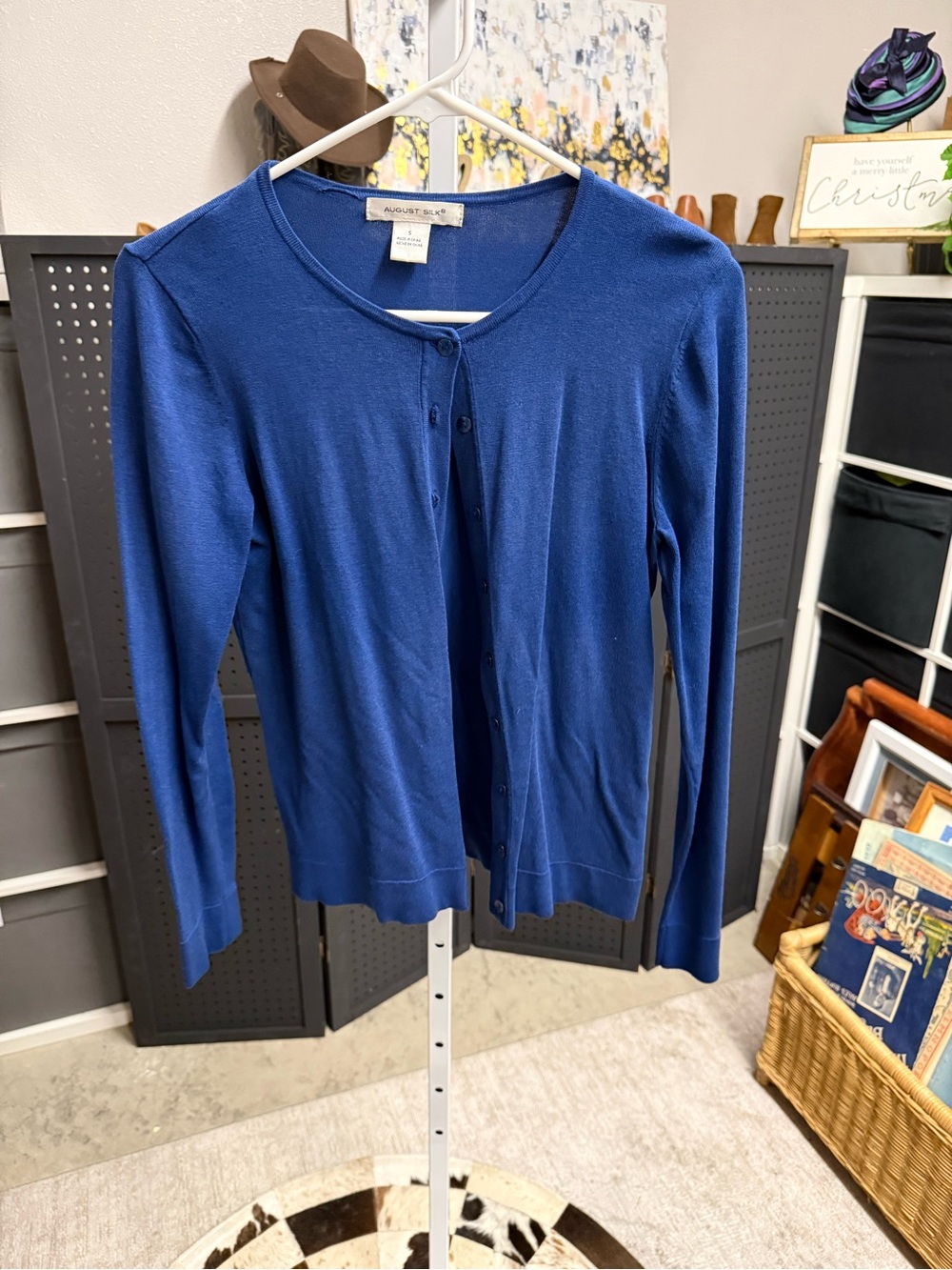 August Silk Blue Crewneck Button-Front Silk Blend Cardigan
